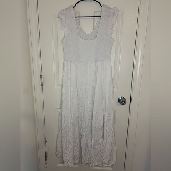 Women's White Summer Flowy Maxi Dress Casual Cap Sleeve V Neck - Large (12-14) - Picture 5 of 5